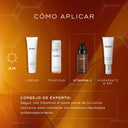 Guía de aplicación de Medik8 para la rutina matutina, con limpiador, tónico, sérum C-Tetra Advanced para la luminosidad y crema hidratante con SPF para una protección e hidratación óptimas de la piel.