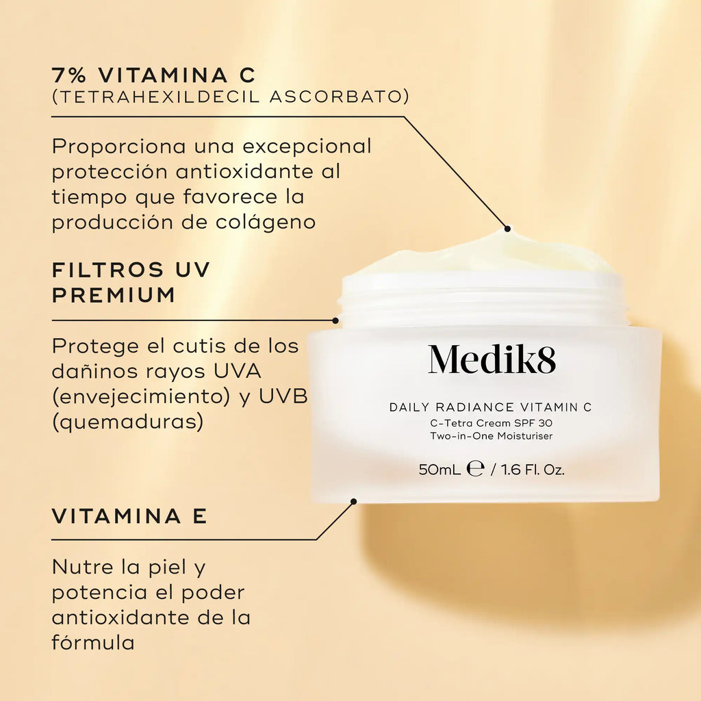 Ingredientes destacados de la crema Daily Radiance Vitamin C: /% vitamina C, filtros UV premium y vitamina E