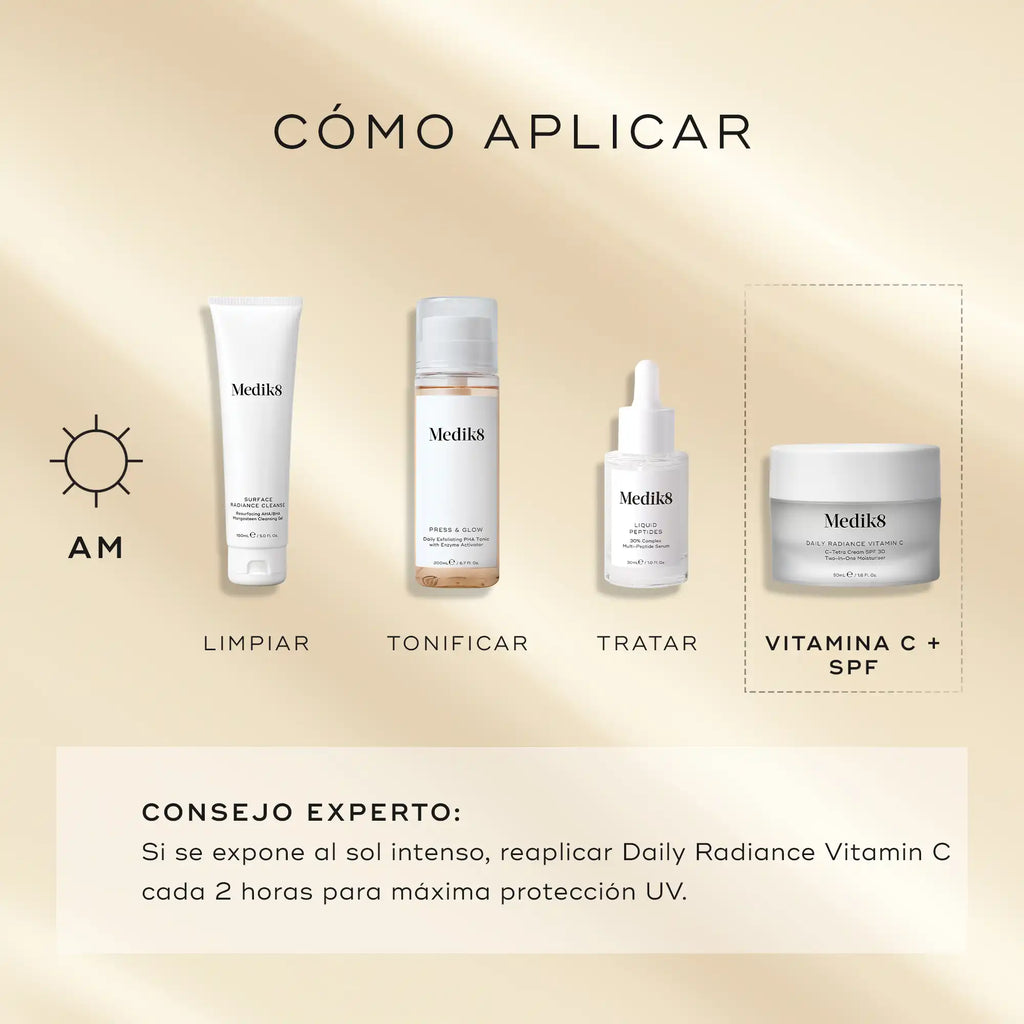 Aplicar la crema Daily Radiance Vitamin C trar limpiar y tonificar la piel. Si usas suero aplicar después del suero.