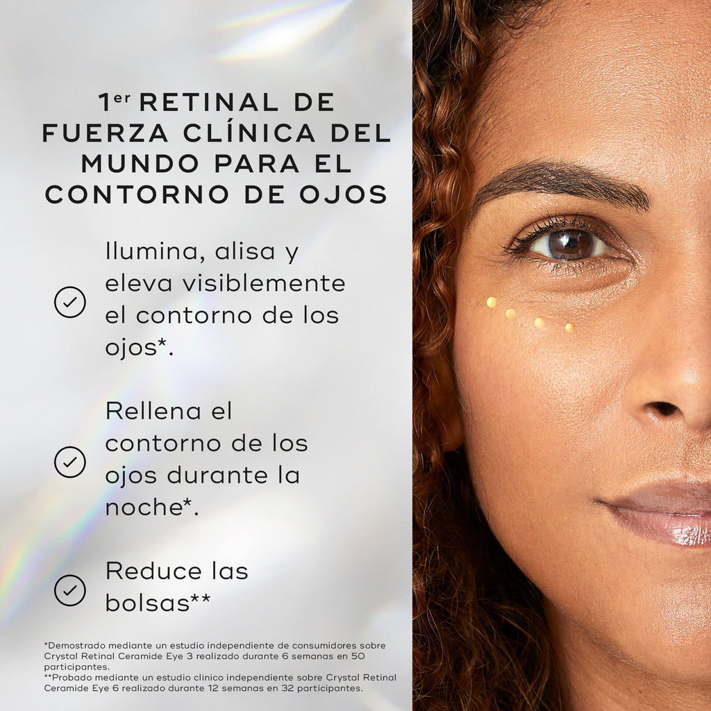 Primer plano del rostro de una mujer con puntos de crema bajo el ojo, destacando los beneficios de Medik8 Crystal Retinal Ceramide Eye.