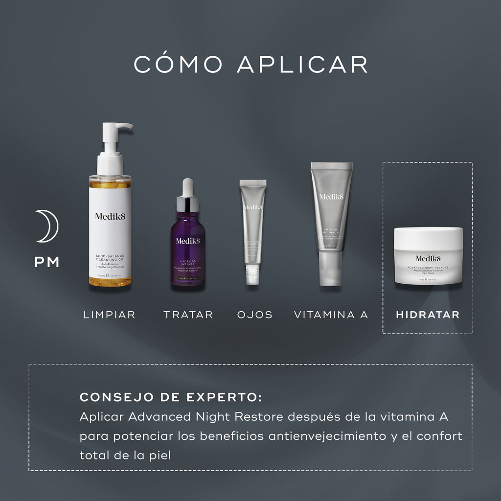 Aplicar crema de noche rejuvenecedora Advanced Night Restore de Medik8